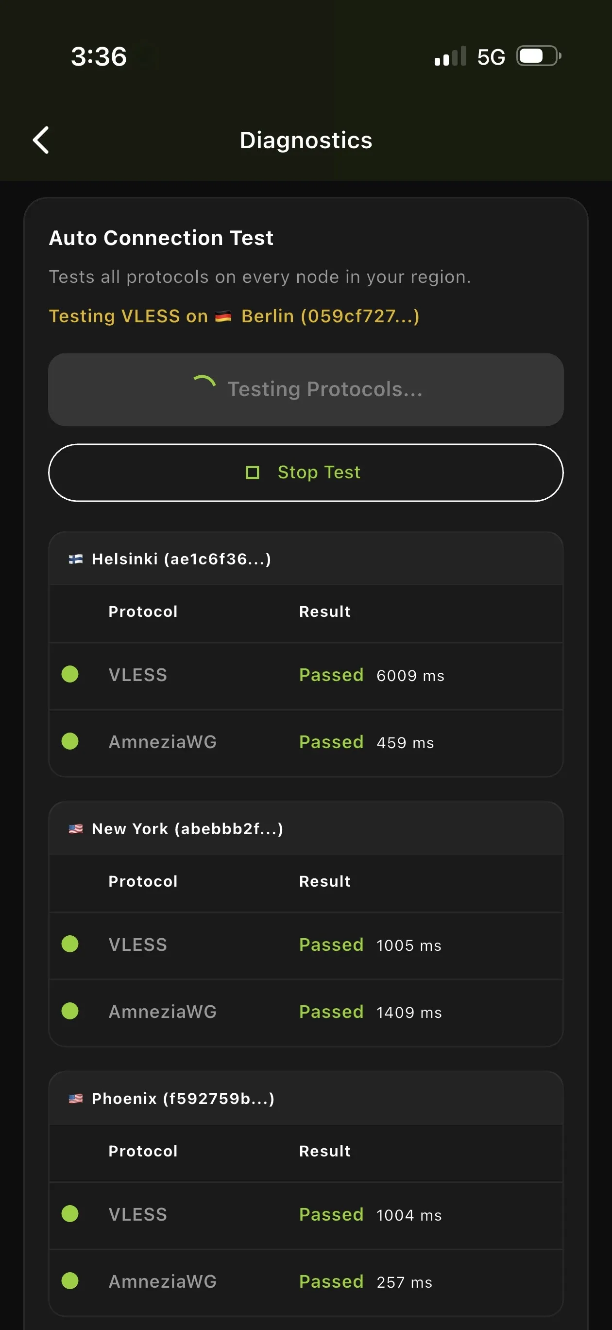 BratVPN connection test screen